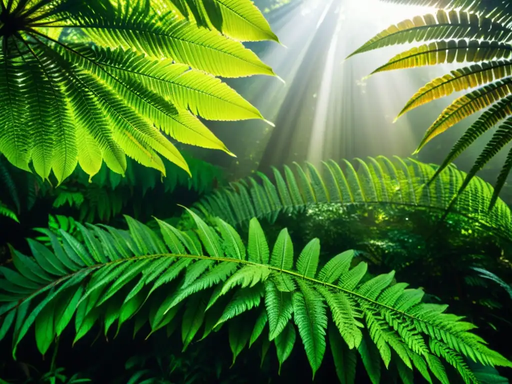 Imagen de un exuberante dosel de selva tropical, con hojas verdes vibrantes y patrones de luz filtrándose a través de la densa vegetación