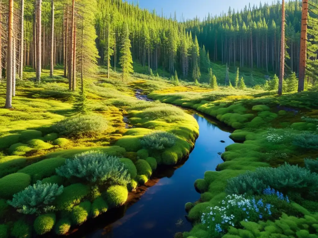 Imagen de la exuberante ecología de la taiga siberiana, con bosque de coníferas, musgo verde y arroyo serpenteante