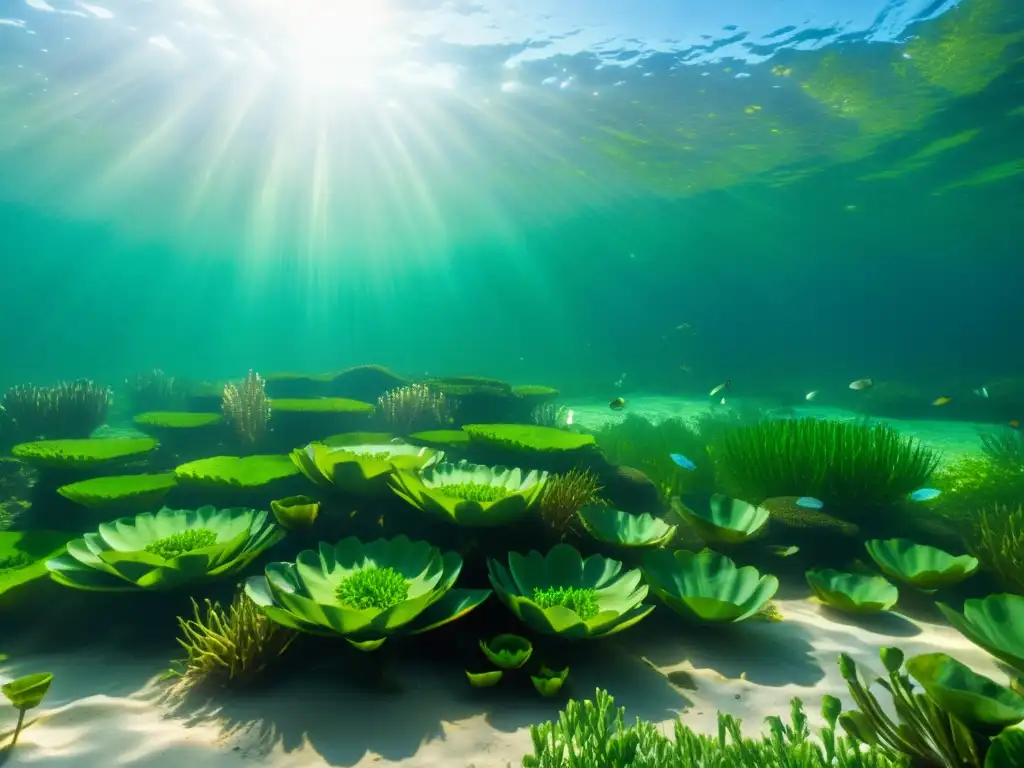 Imagen de un exuberante ecosistema acuático con plantas purificadoras, vida marina y aguas cristalinas