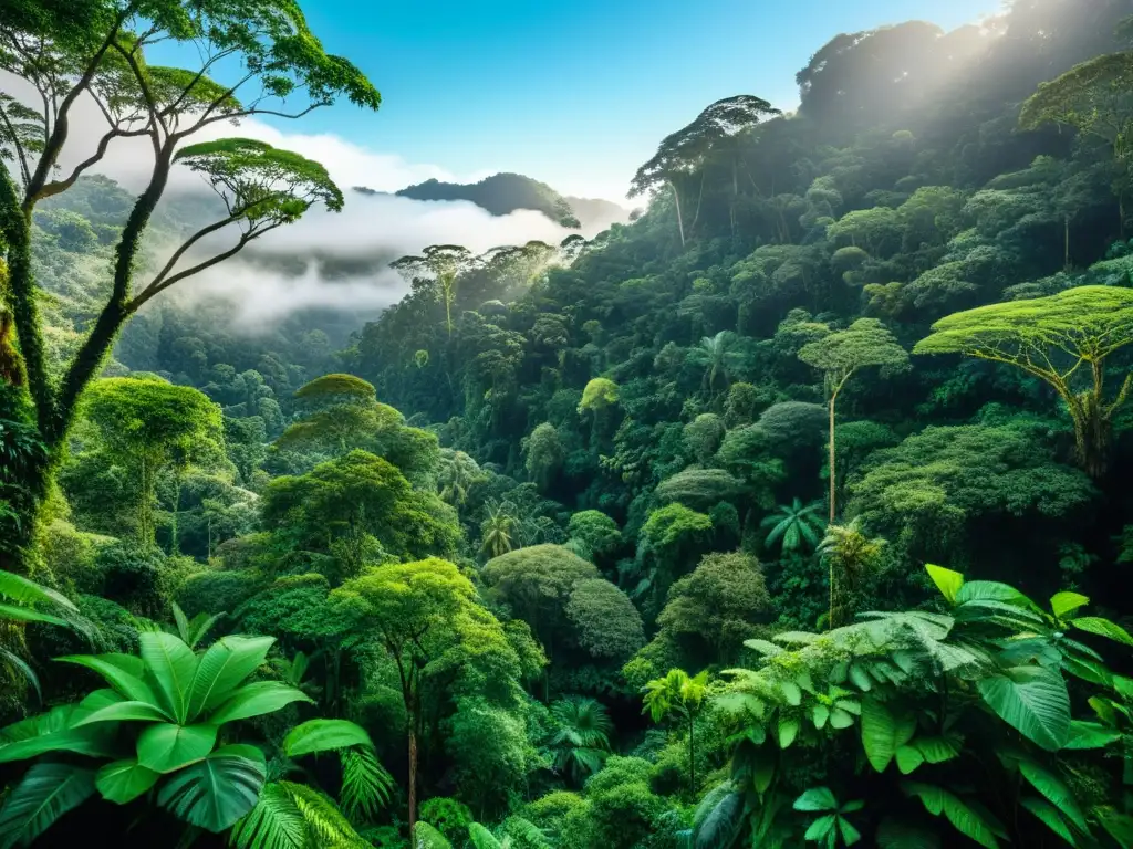 Imagen de un exuberante ecosistema de selva tropical, con diversa vida vegetal y animal