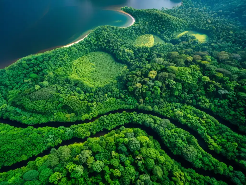 Imagen de un exuberante ecosistema tropical capturado en alta resolución, con patrones de dosel entrelazados y flora vibrante