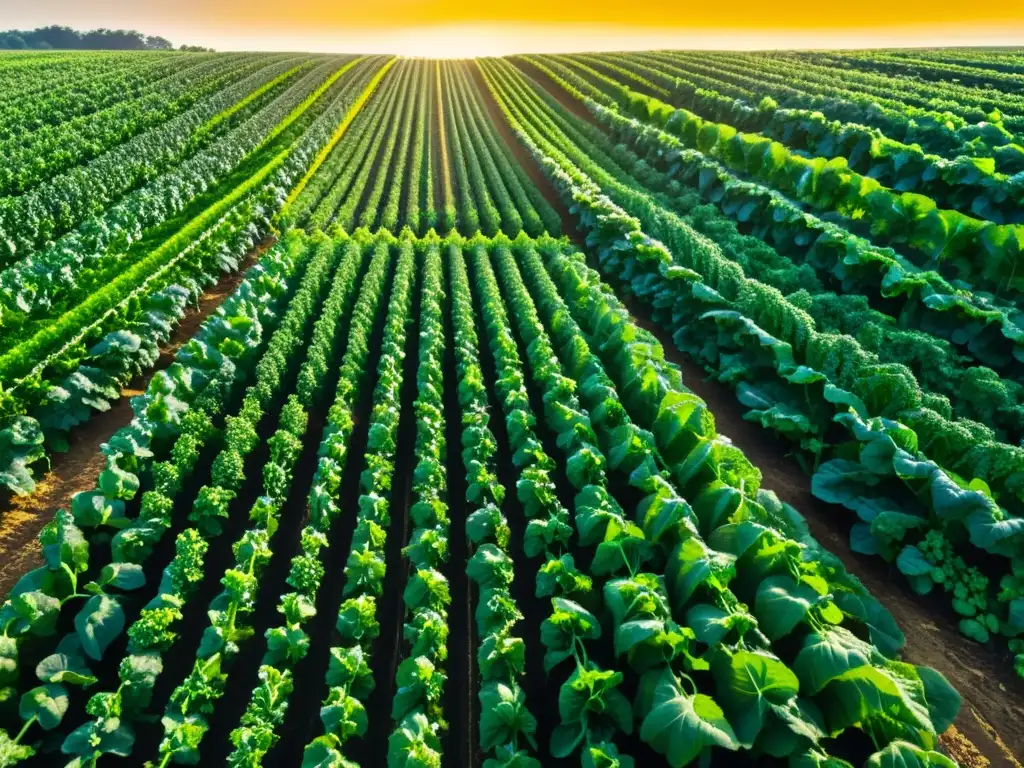 Una imagen de una exuberante granja orgánica con filas de verduras verdes bajo la cálida luz del sol