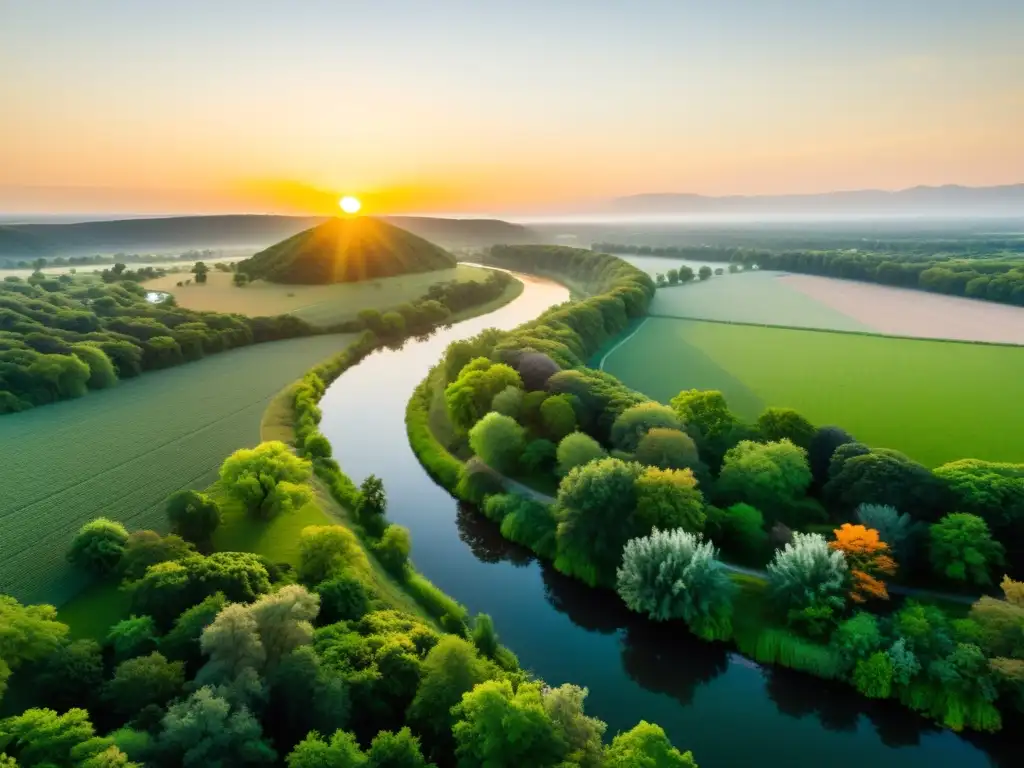 Imagen de un exuberante paisaje verde con un río serpenteante al atardecer, reflejando la restauración ecológica para recuperación especies