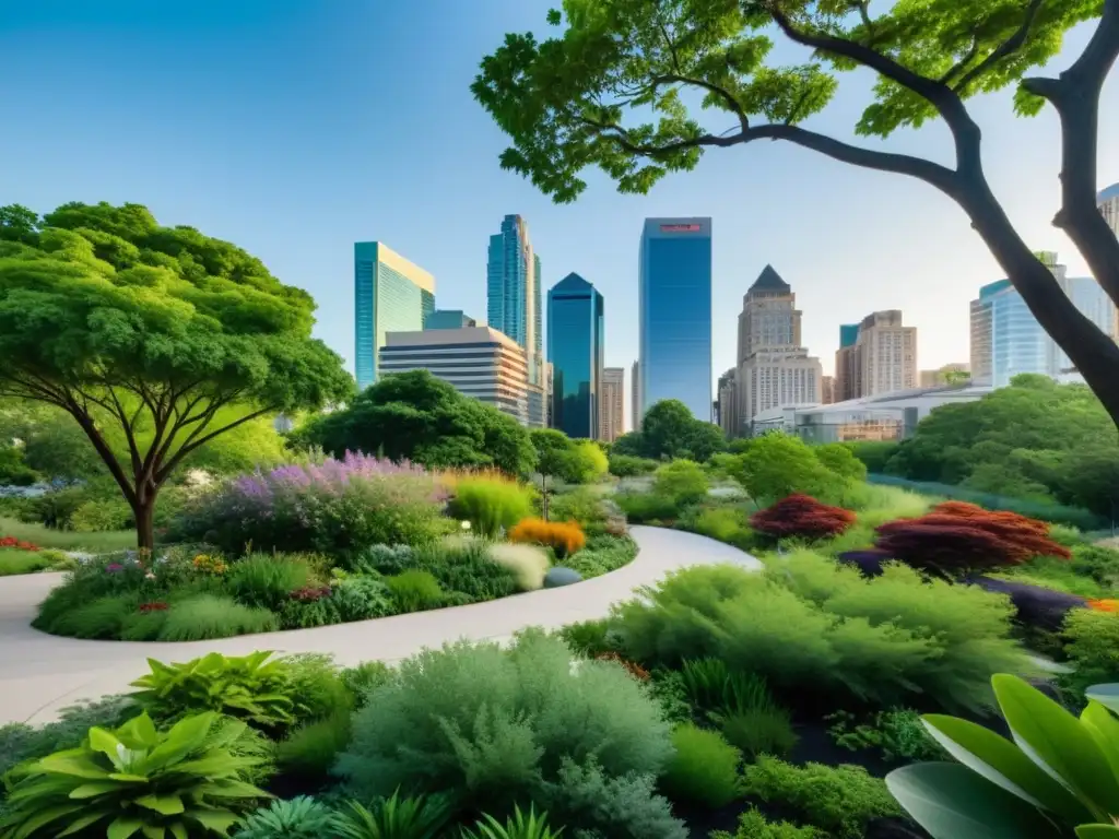 Imagen de un exuberante parque urbano que muestra la armoniosa convivencia entre la vida silvestre y la ciudad