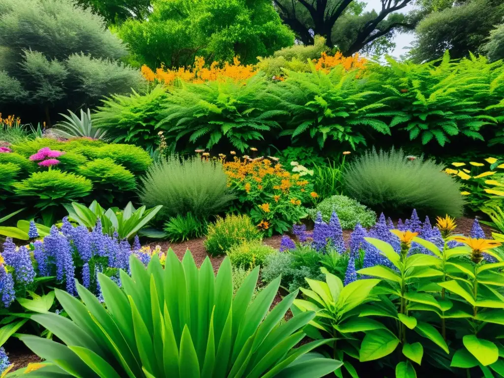 Imagen 8k de un exuberante jardín ecológico regional con plantas nativas, colores vibrantes y vida silvestre activa