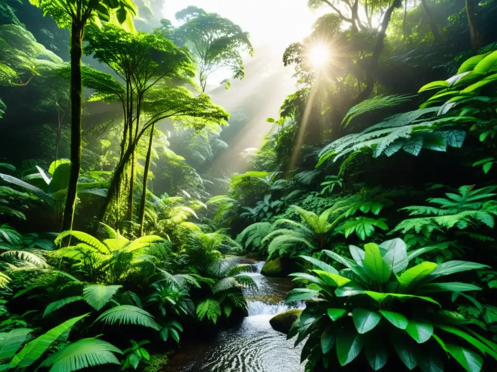 Imagen de exuberante selva con diversa vida silvestre, arroyo y luz filtrada