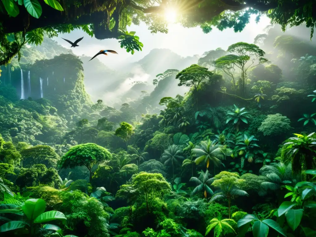 Imagen 8k de exuberante selva lluviosa, con diversidad de especies