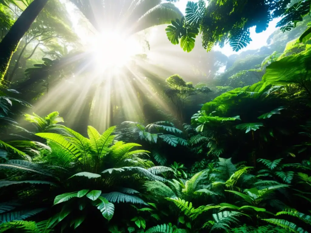 La imagen muestra la exuberante selva tropical, con árboles altos, vegetación vibrante y luz solar filtrándose