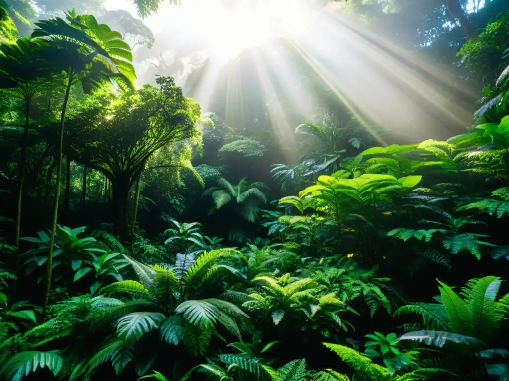 Imagen de exuberante selva tropical con biodiversidad, aves coloridas y flores exóticas