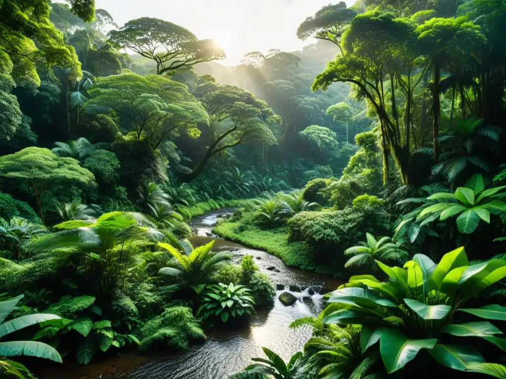 Imagen de la exuberante selva tropical, con árboles altos, flora variada y biodiversidad