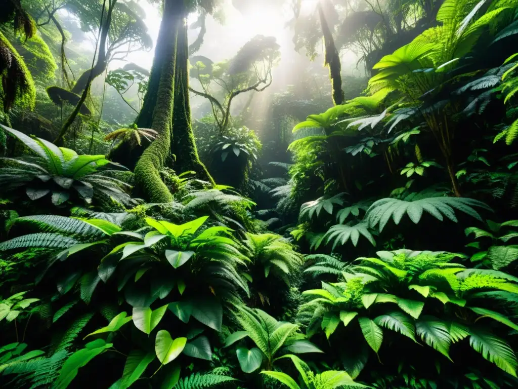 Imagen de exuberante selva tropical con plantas trepadoras adaptadas, creando un ecosistema biodiverso y cautivador