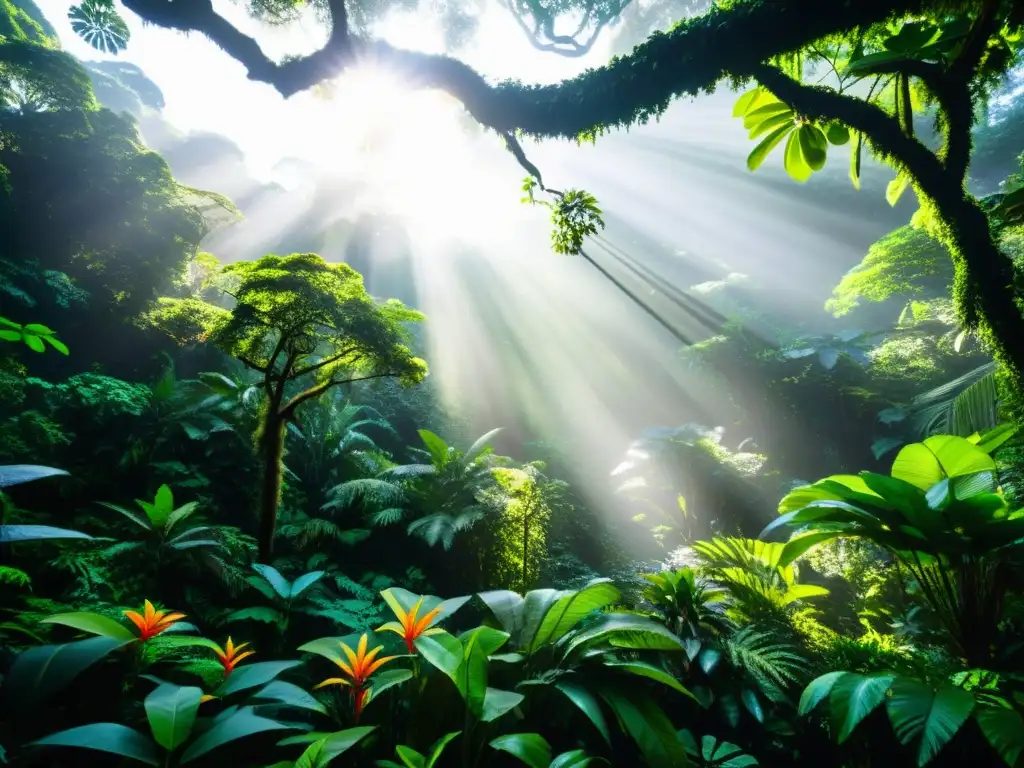 Imagen de exuberante selva tropical con diversidad de vida vegetal y animal, reflejando armonía natural