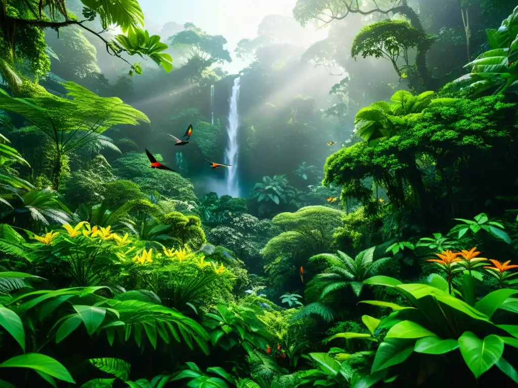 Imagen en 8k de una exuberante selva tropical, con follaje verde vibrante, flores delicadas y aves exóticas