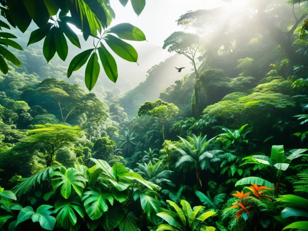 Imagen de una exuberante selva tropical, con animales y vegetación, mostrando el funcionamiento de las redes tróficas