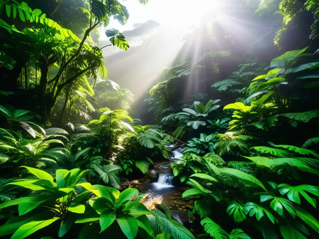 Imagen de exuberante selva tropical con diversa vida vegetal y animal