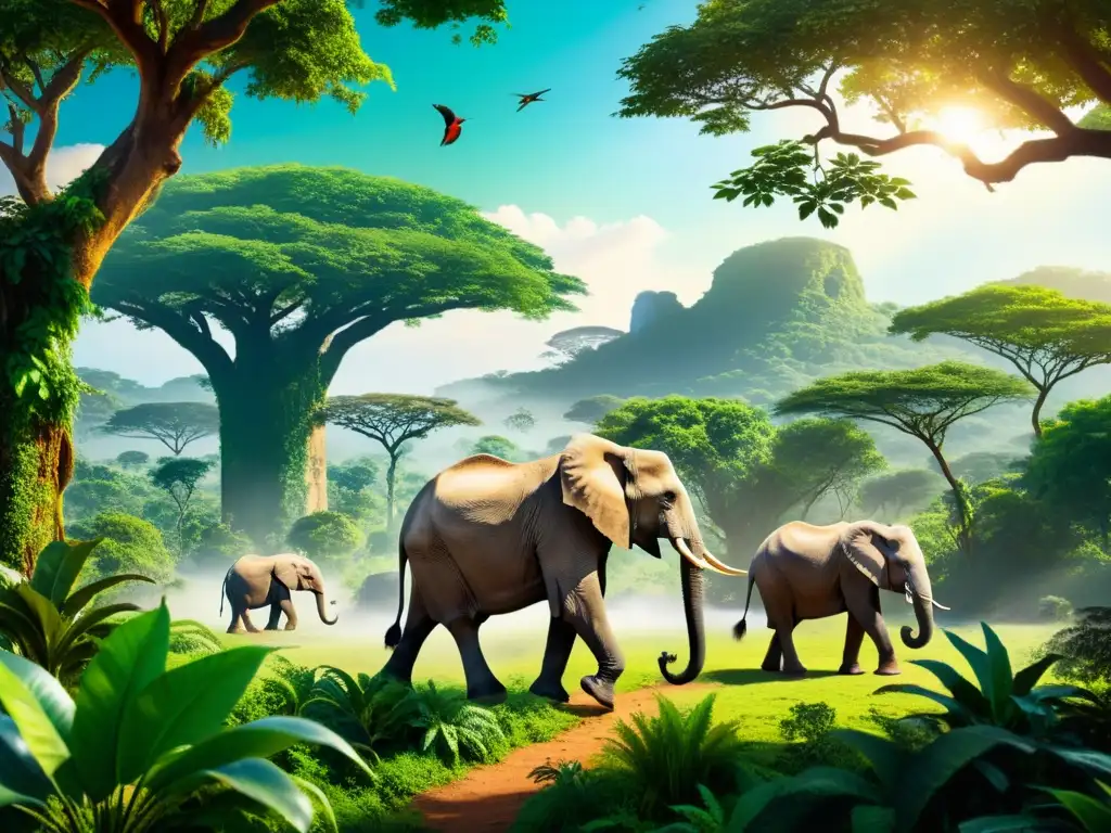 Imagen de la exuberante y vibrante selva africana, con flora y fauna de las selvas africanas en su esplendor biodiverso