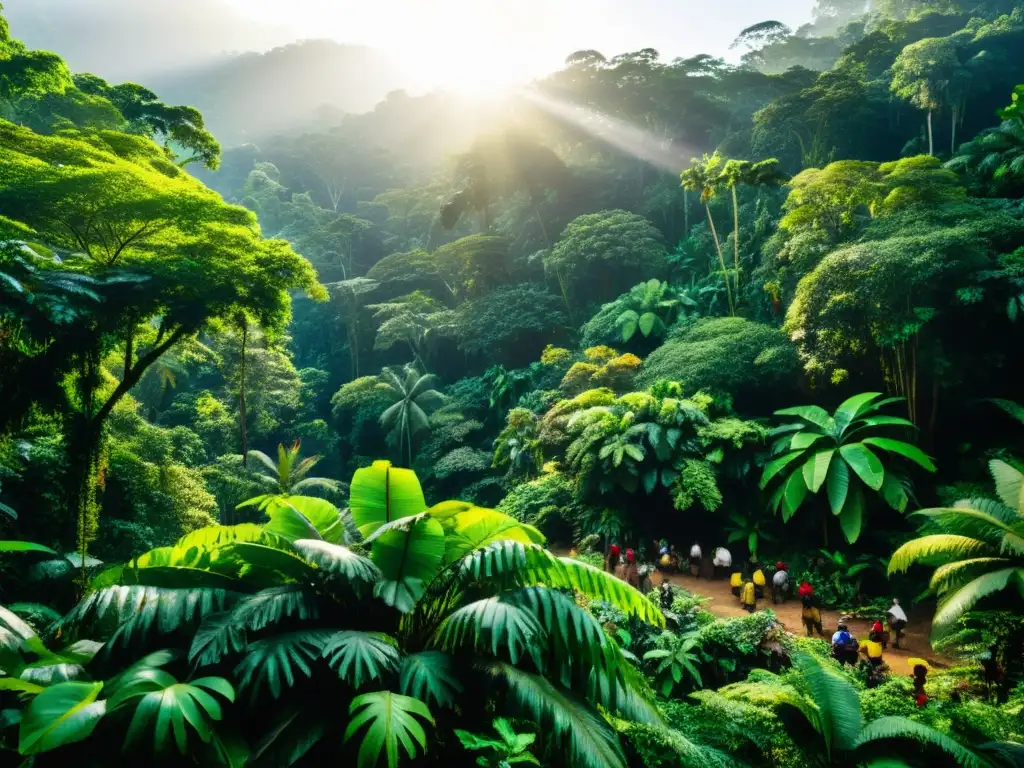 Imagen de un exuberante y vibrante bosque lluvioso, mostrando la interconexión entre elecciones alimentarias, conservación y vida silvestre