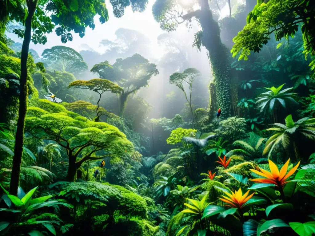 Imagen de un exuberante y vibrante bosque tropical, repleto de vida vegetal y animal