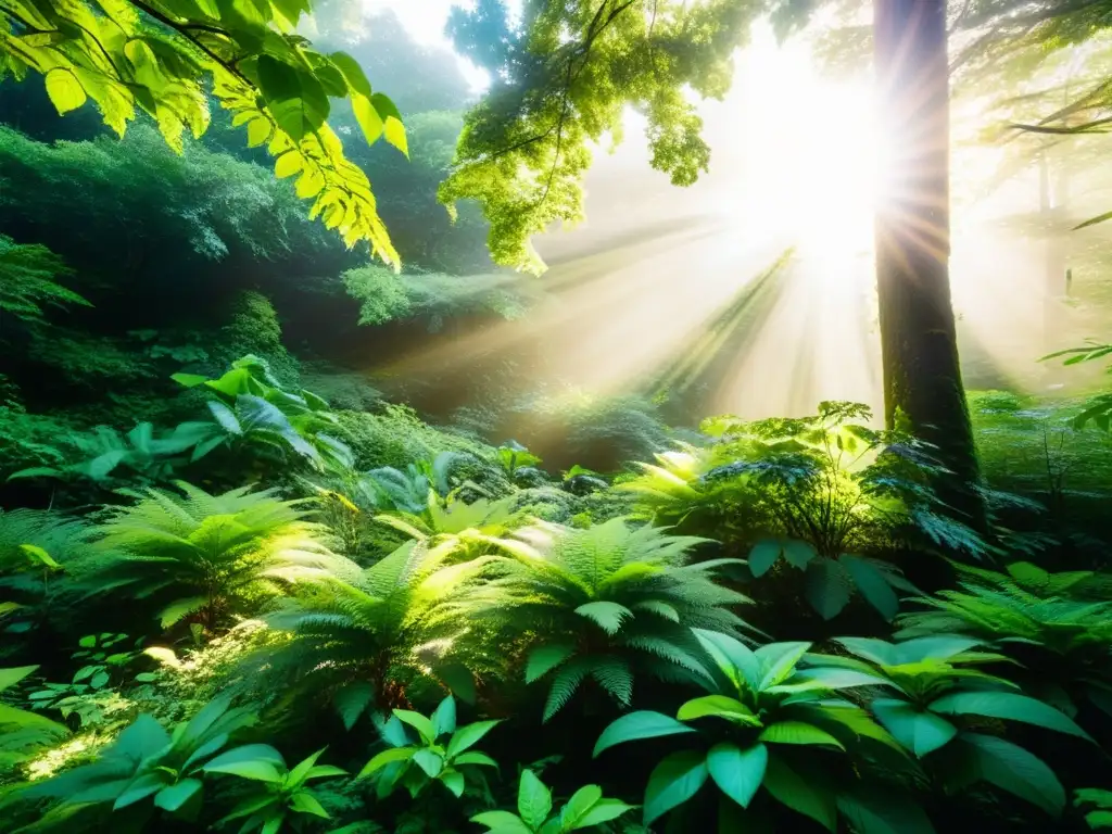 Imagen de una exuberante y vibrante escena forestal, con diversidad de especies vegetales y animales en su hábitat natural