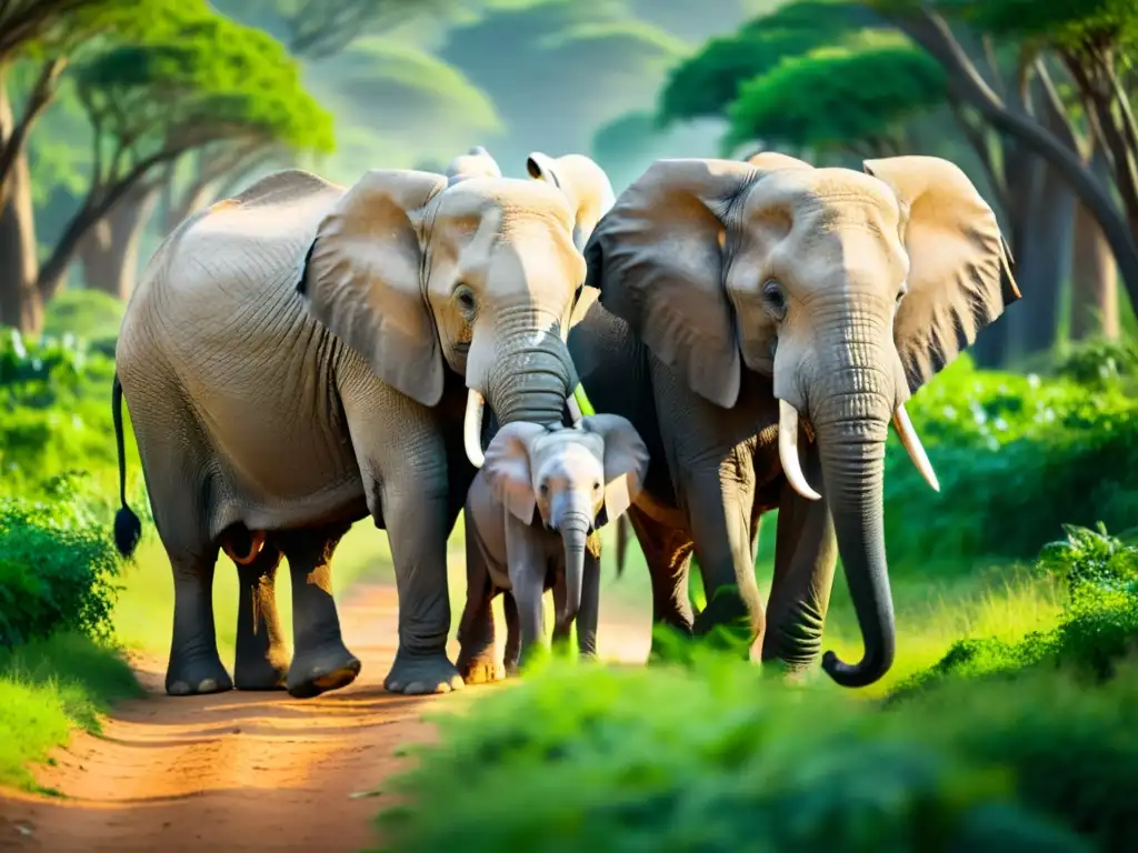 Imagen de una familia de elefantes africanos en la exuberante selva, mostrando la flora y fauna de las selvas africanas en todo su esplendor