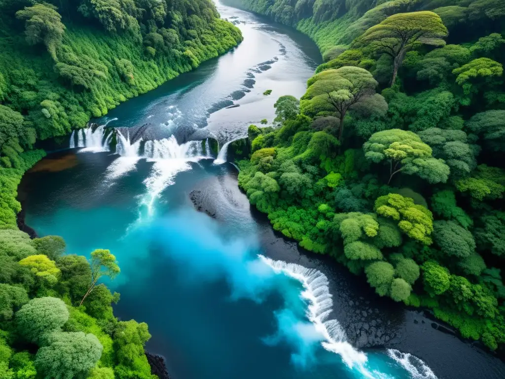 Imagen fascinante de un río volcánico con vida en ecosistemas fluviales volcánicos, flora exuberante y atmósfera etérea