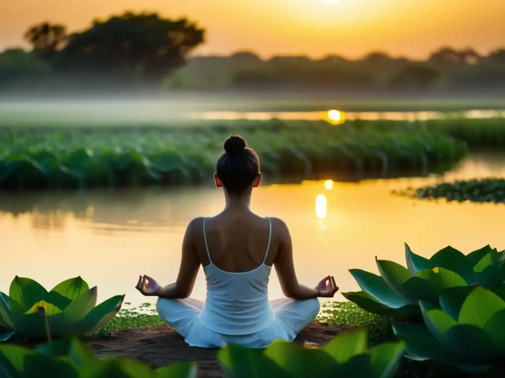 Imagen de una figura serena meditando en loto en el tranquilo pantano de Doñana, España