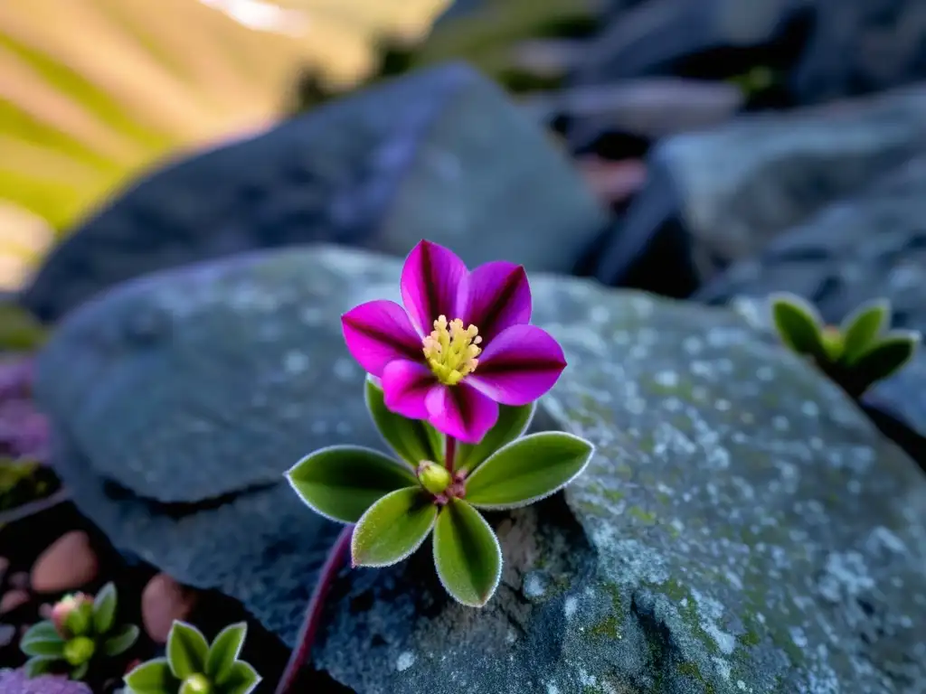 Imagen de una flor púrpura de saxífraga en las montañas alpinas, destacando la tenacidad de las plantas alpinas en ecosistemas extremos