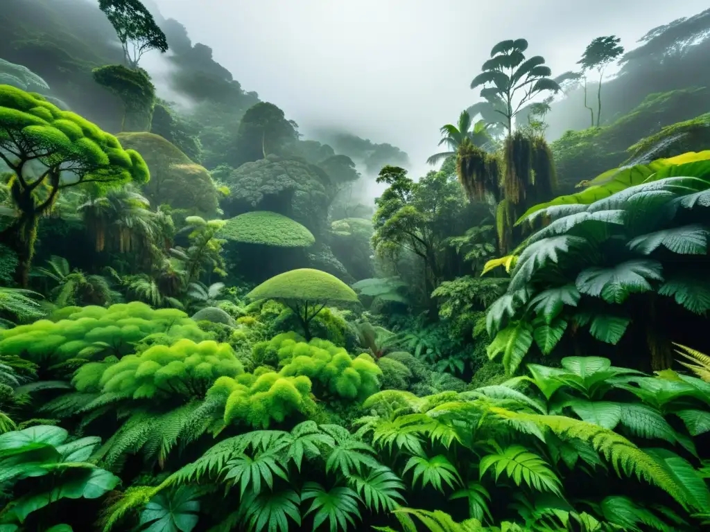 Imagen de flora endémica en bosques nublados del mundo, con exuberante vegetación, árboles envueltos en neblina y aves de colores vibrantes