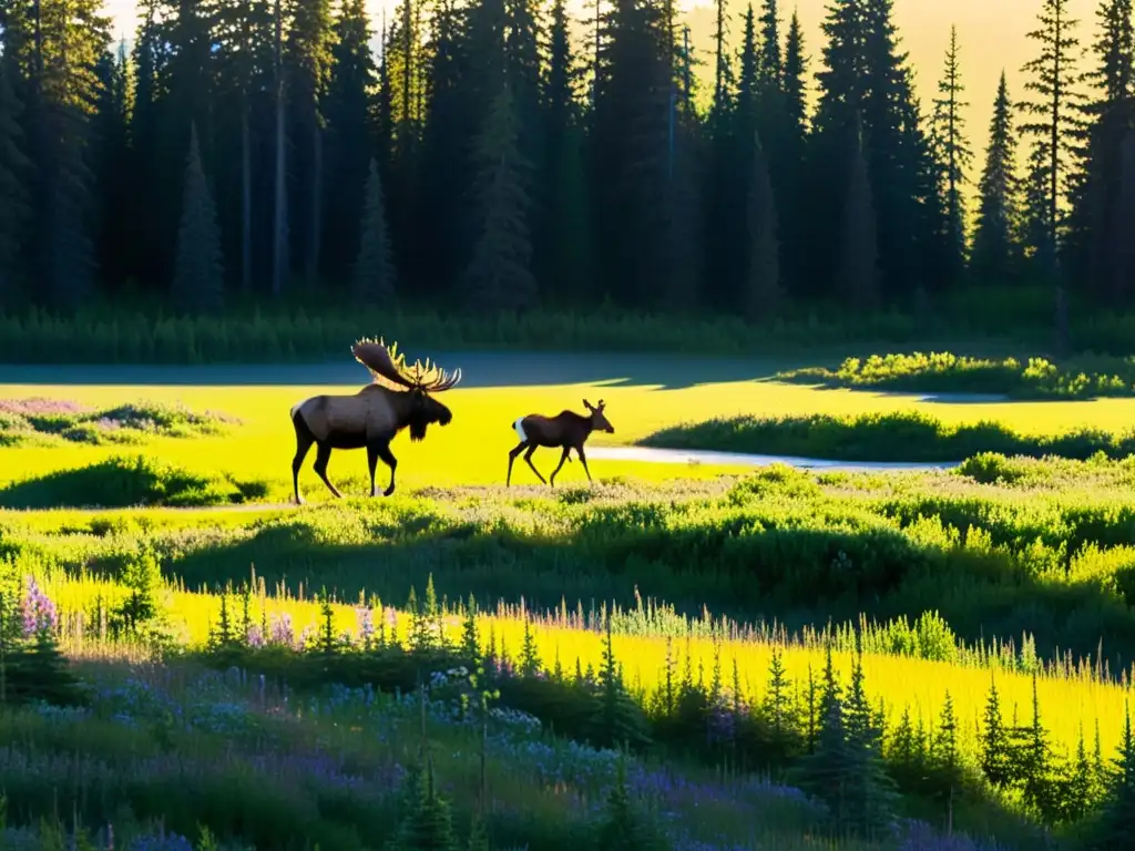 Imagen de la flora y fauna de la taiga boreal: bosque de abetos, familia de alces y arroyo cristalino al amanecer