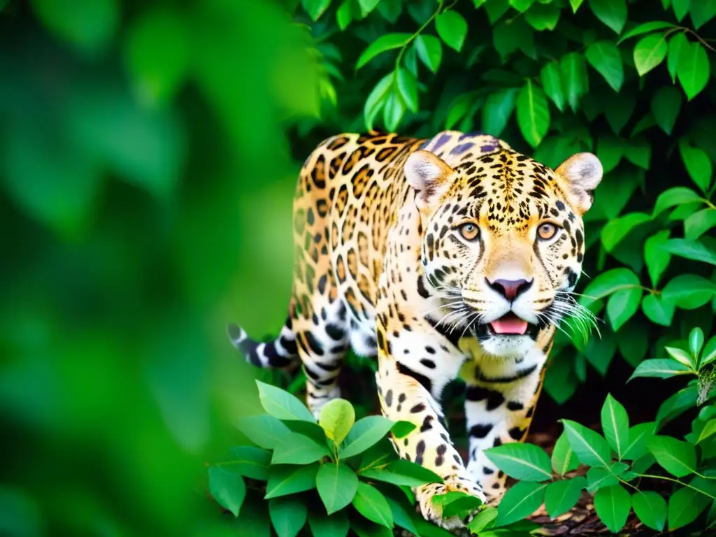 Imagen de fototrampeo para observar fauna silvestre: majestuoso jaguar se desliza entre la exuberante jungla, revelando su misteriosa belleza