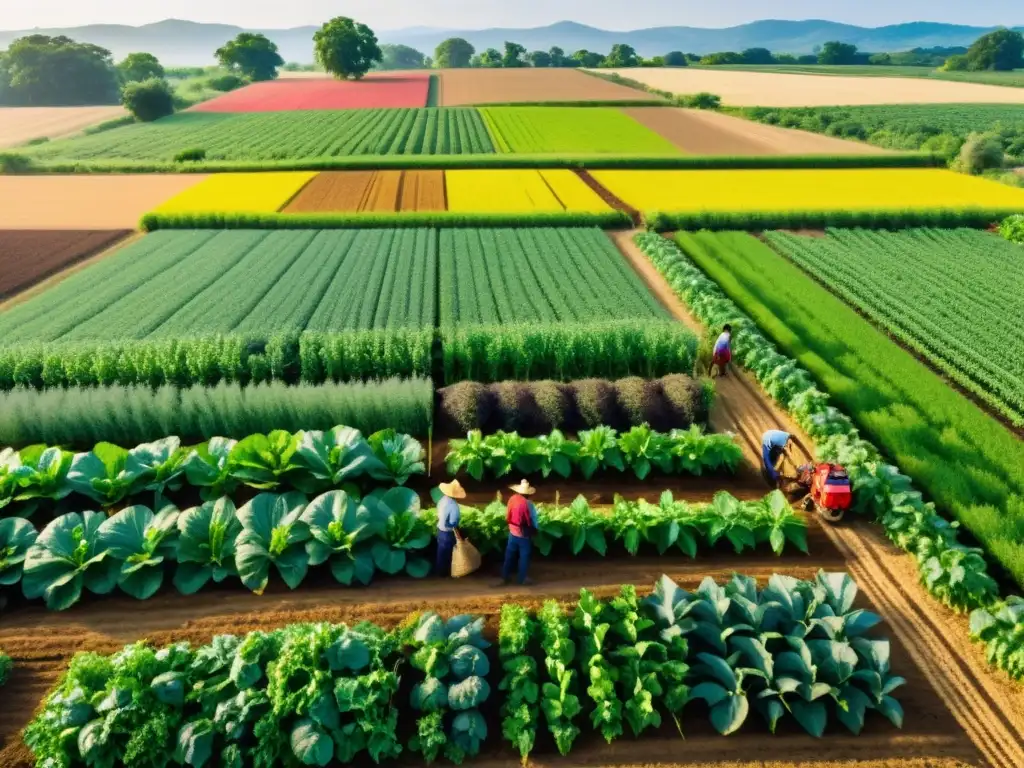 Imagen de gran vitalidad con agricultores practicando técnicas sostenibles en agroecología en una granja biodiversa y exuberante