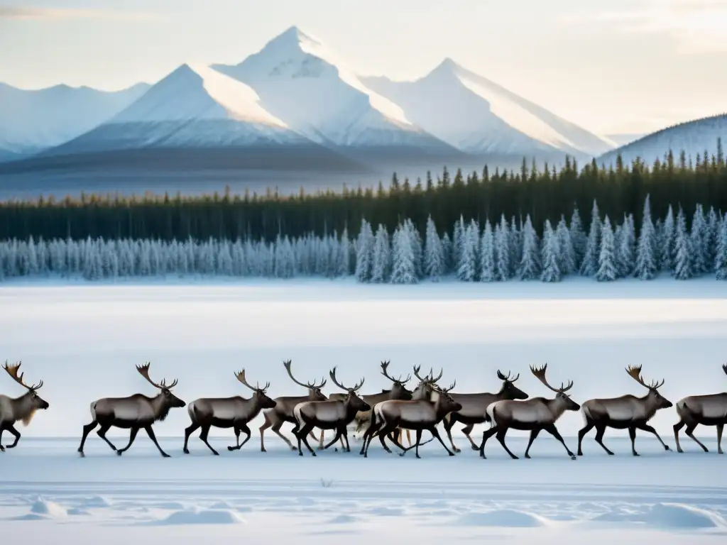 Imagen de grandes herbívoros de la taiga cruzando un paisaje nevado, evocando la majestuosidad y grandeza del norte salvaje