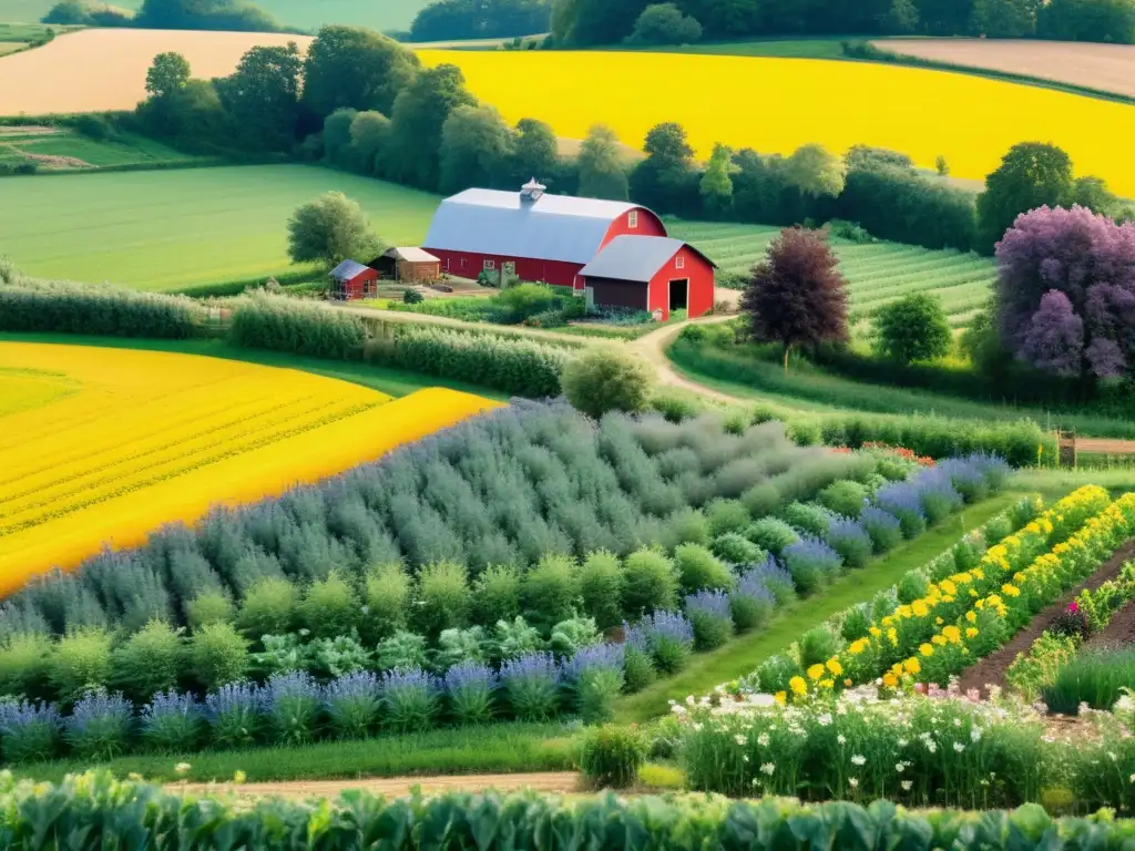 Imagen de una granja agroecológica diversa con prácticas sostenibles en agroecología, mostrando campos verdes, árboles frutales, huertos y biodiversidad natural