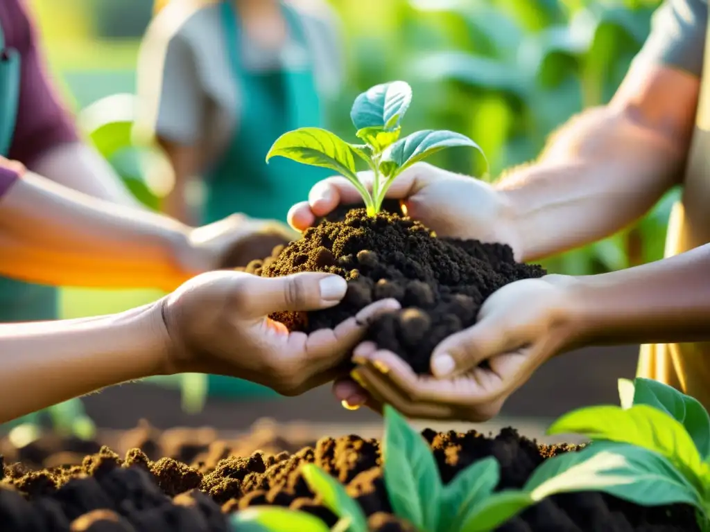 Imagen de granja orgánica, con agricultores diversos y detallada conexión con la tierra, destacando el impacto de alimentos orgánicos en ecosistemas