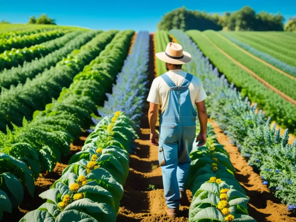 Imagen de granja orgánica con cultivos coloridos, abejas y un agricultor, mostrando el impacto de alimentos orgánicos en ecosistemas