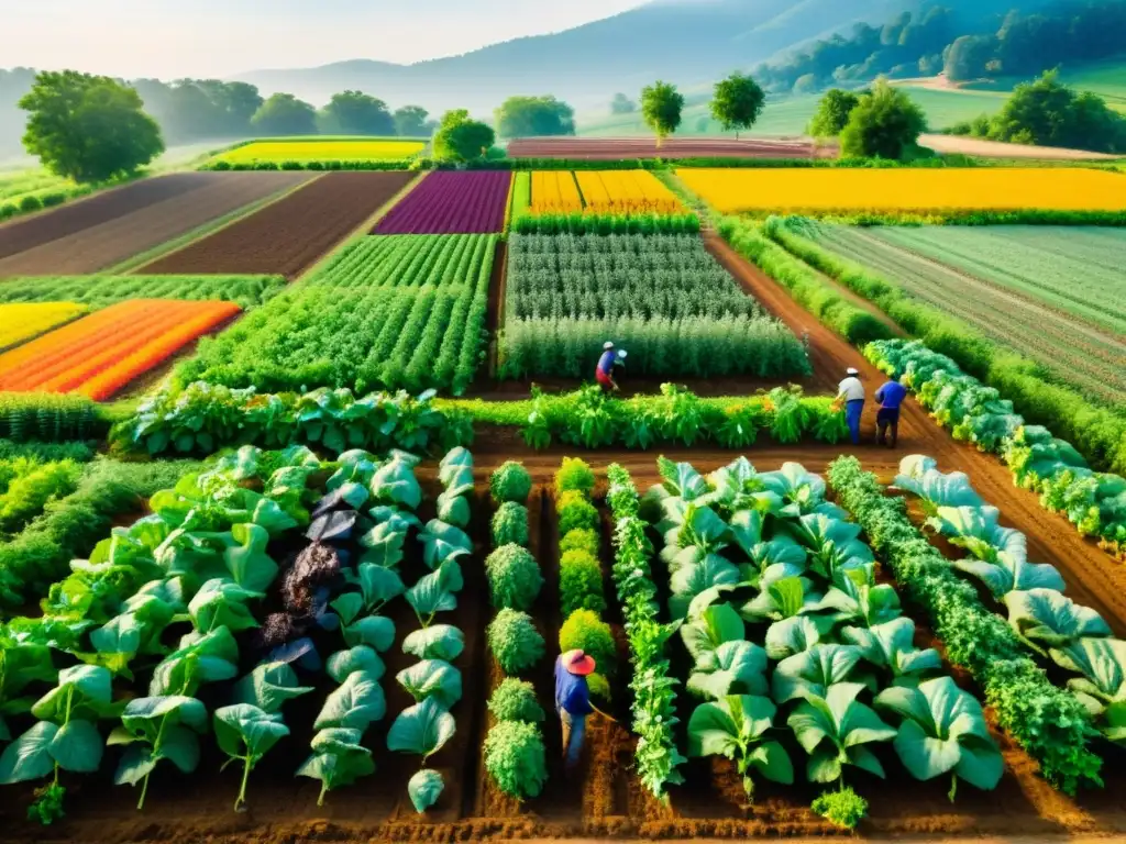 Imagen de granja orgánica sostenible con agricultores trabajando en la tierra, promoviendo la dieta orgánica y la sostenibilidad del planeta