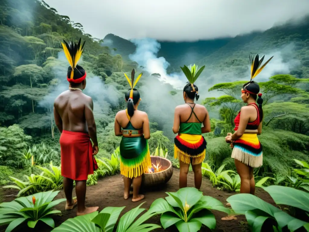 Imagen de grupo indígena realizando ritual en bosque biodiverso, demostrando conservación de ecosistemas indígenas