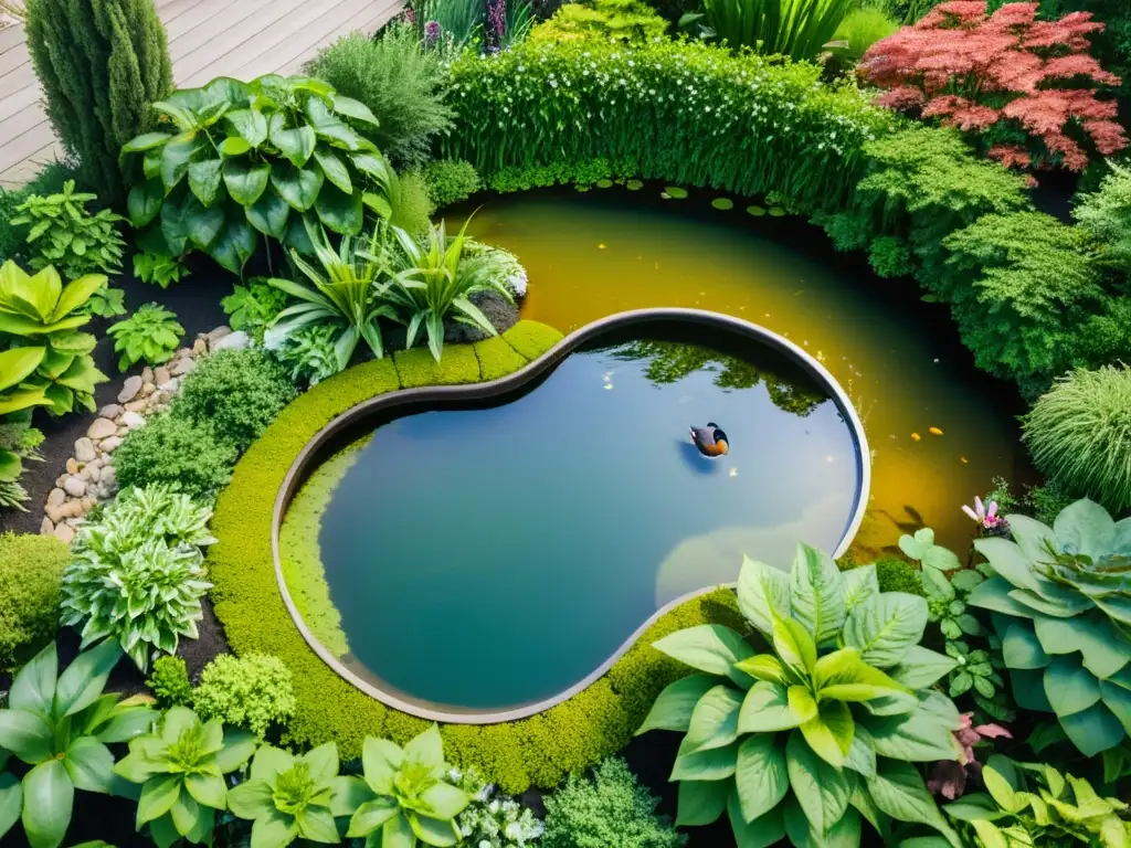 Imagen de un hermoso jardín con un próspero ecosistema acuático, donde una familia de patos nada en un tranquilo estanque rodeado de plantas acuáticas vibrantes