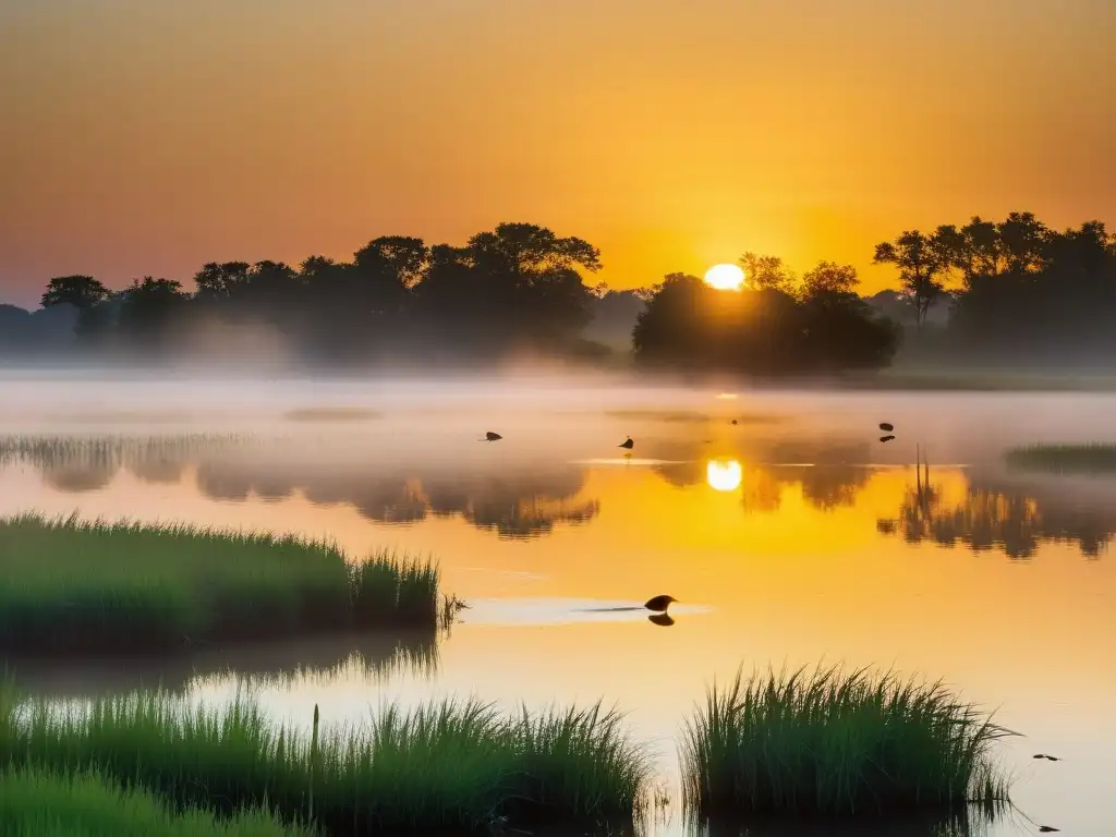 Imagen de humedal al amanecer con aves en vuelo y vegetación exuberante