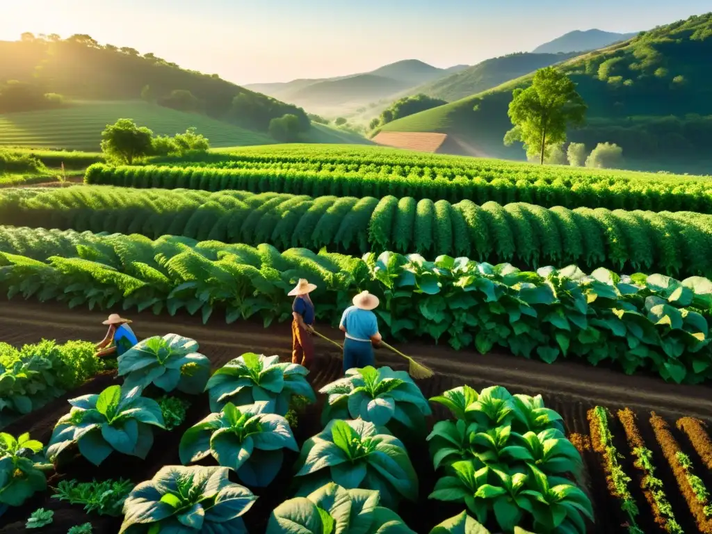 Imagen impactante de agricultores diversos cuidando cultivos orgánicos en un campo soleado