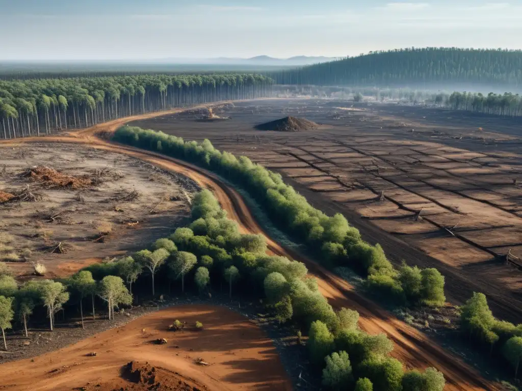 Imagen impactante de un área deforestada, con tierra estéril y árboles talados