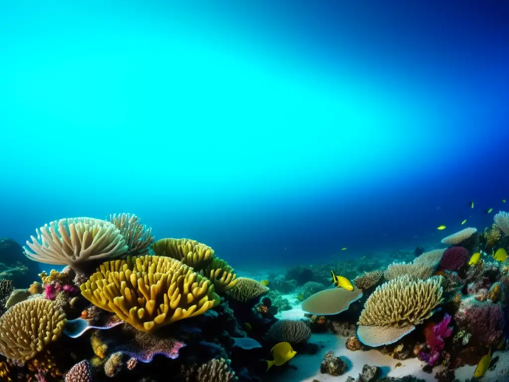 Imagen impactante de arrecife de coral vibrante y vida marina, contrastando con un lecho marino desolado