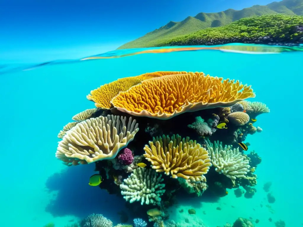 Imagen impactante del arrecife de coral, lleno de vida marina colorida, reflejo del impacto del cambio climático en la salud de los océanos