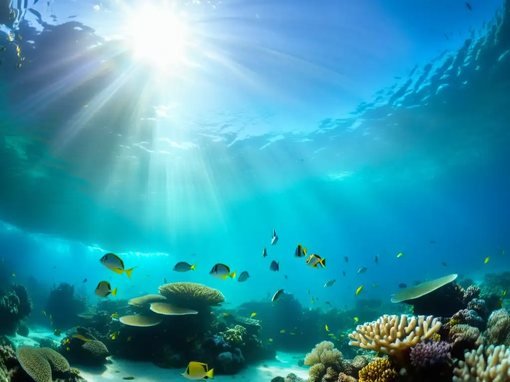 Imagen impactante de un arrecife de coral vibrante, reflejo del efecto cambio climático en las cadenas alimentarias marinas