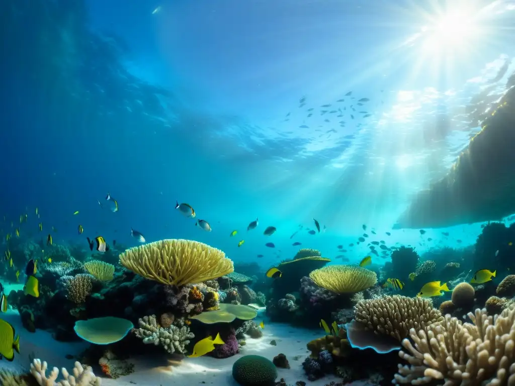 Imagen impactante de un arrecife de coral vibrante en resolución 8k, vida marina diversa y luz del sol filtrándose