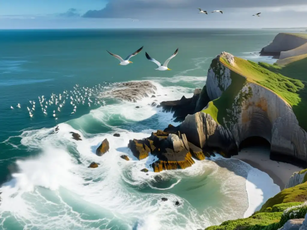 Imagen impactante de aves marinas en su hábitat costero, destacando la belleza y el impacto del cambio climático en su entorno