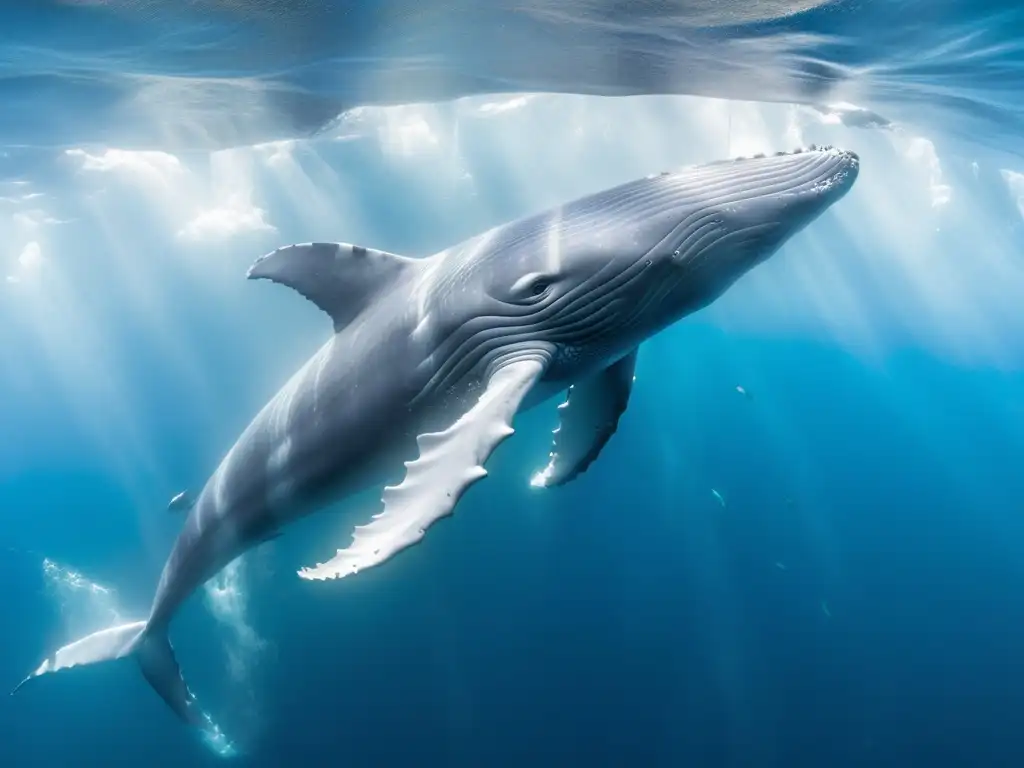 Imagen impactante de una ballena azul en su hábitat natural, rodeada de una diversa vida marina en el ecosistema antártico