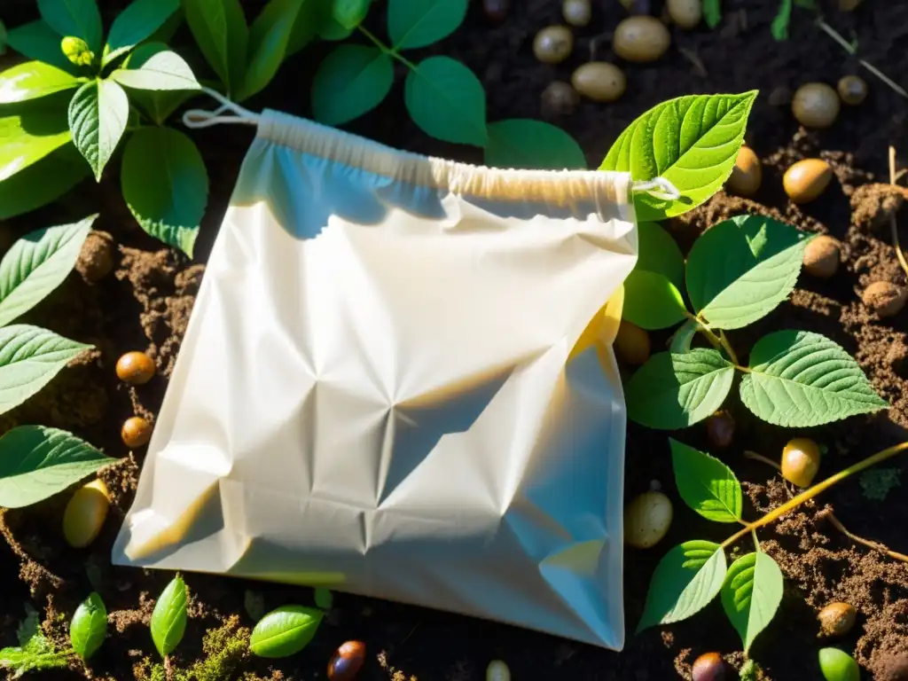 Bioplásticos alternativa ecológica análisis: imagen impactante de bolsa biodegradable en descomposición, integrada en ecosistema natural