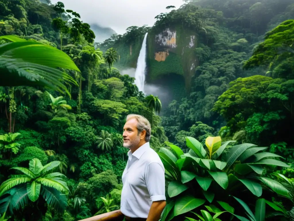 Imagen impactante: celebridad en conversación con conservacionistas en exuberante selva, reflejando su papel en conservación de biodiversidad