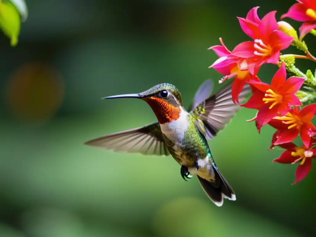 Imagen impactante de un colibrí de la Amazonía en pleno vuelo, con plumaje iridiscente y fondo selvático